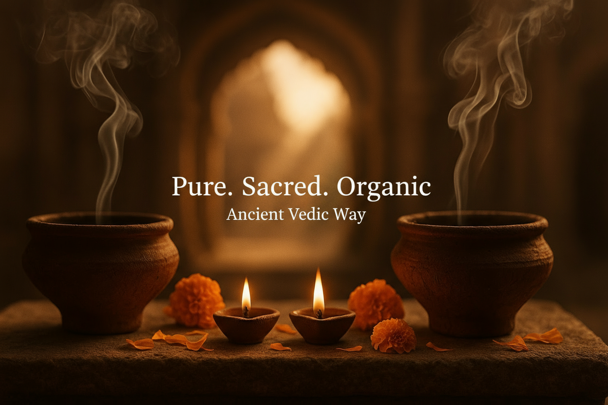 in the image write "Pure. Sacred. Organic" as a heading and write "Ancient Vedic way " as a paragraph